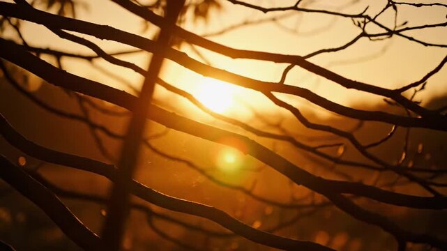 Sunset behind bare tree branches silhouette.