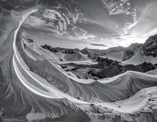 Black and white landscape with a swirling foreground and distant mountains under a cloudy sky. The effect is surreal and dramatic