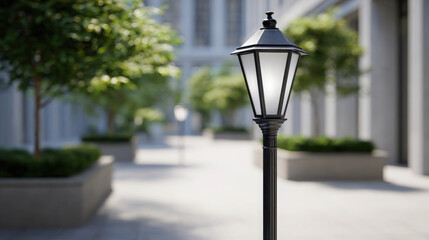 Highly Detailed Realistic Depiction of Conceptual Urban Street Lamp in a Modern City Setting with Lush Greenery and Subtle Architectural Background