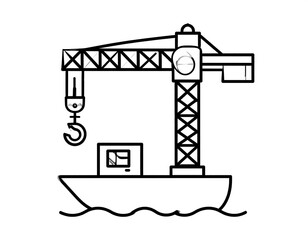 Black and white line drawing of a construction crane mounted on a barge.  The crane has a hook suspended below a lattice boom