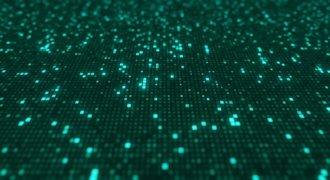 Abstract digital background with glowing green data points in matrix