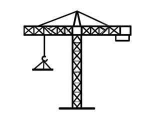 Black and white line drawing of a towering crane, a staple of construction sites, against a blank white backdrop