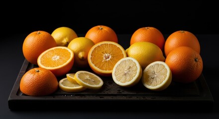 Vibrant citrus arrangement on a dark platform embodying freshness and natural goodness