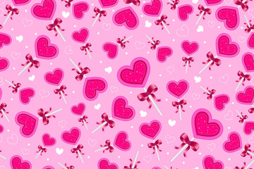 Cute heart shaped pink lollipops seamless pattern. Love candy background in pink tones for valentine&rsquo;s day wallpapers, textile prints, fabrics, tablecloths, gift wrap and print designs