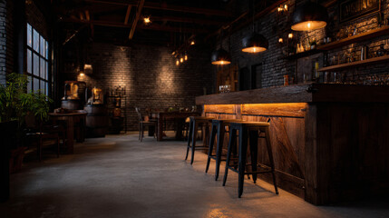 Dimly Lit Industrial Loft Bar with Exposed Brick Walls and Moody Lighting for Cozy Gatherings and Intimate Conversations