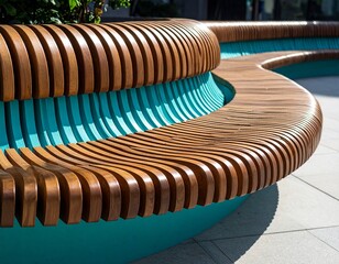 Modern urban bench with curved wooden seating and vertical turquoise slats forms architectural pattern, blending function and style outdoors.