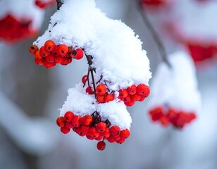 Close-up of bright red berries covered in fresh white snow