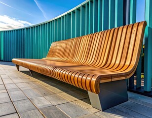 Modern urban bench with curved wooden seating and vertical turquoise slats forms architectural pattern, blending function and style outdoors.