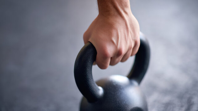 Close up of hand gripping black kettlebell handle on gym floor showing strength and fitness training effort - Powered by Adobe