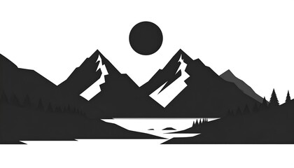 Black and white minimalist landscape illustration. Mountains, a lake, trees, and a sun are depicted in geometric shapes against a stark white backdrop