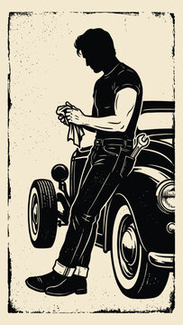 Hot Rod Mechanic Illustration Vintage Woodcut Silhouette Style