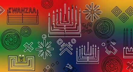 Vibrant celebration of Kwanzaa with illustrated cultural symbols against colorful backdrop