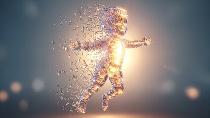 Crystal baby figure dissolving into fragmented pieces against a warm bokeh background