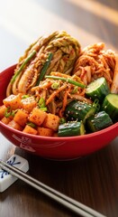 Vibrant assortment of korean banchan delicacies presented in a bright red bowl