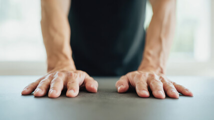 Medium close up of hands adjusting posture while standing at table, showing strength and focus in calm environment