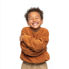 boy smiling joyfully while hugging himself on white background