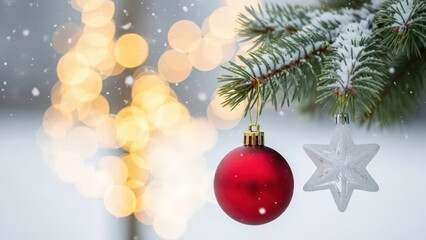 A close-up view of a red Christmas ornament hanging from a frosty tree branch amidst snowy bokeh lights