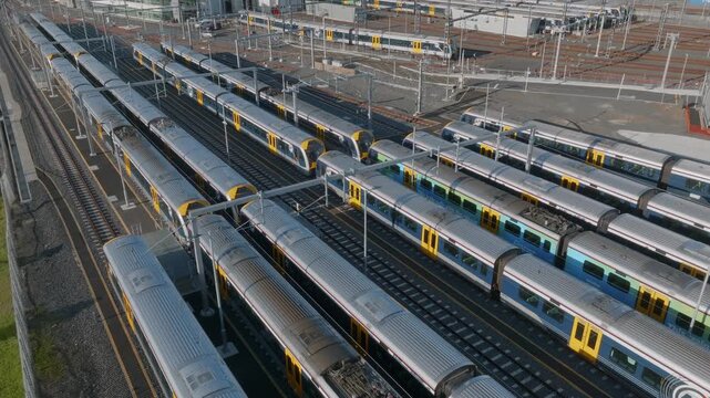 Aerial view of Auckland Transport electric trains parked at the train depot. The trains are being stored for maintenance and to prepare for the next day's service in Auckland, New Zealand.