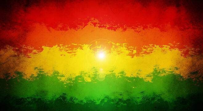Grunge reggae flag background with bright sun flare effect