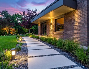 Modern walkway made of concrete slabs leads along landscaped area with decorative gravel and brick building, featuring outdoor lighting.