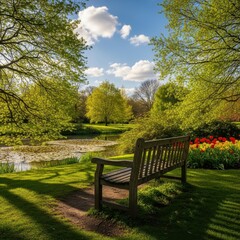 Tranquil garden scene featuring a rustic bench nestled amidst vibrant greenery and floral display