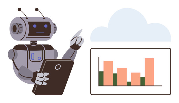 Futuristic robot engages with a digital tablet, pointing at a bar chart linked to cloud storage. Ideal for AI, analytics, technology, automation, cloud computing, machine learning, data