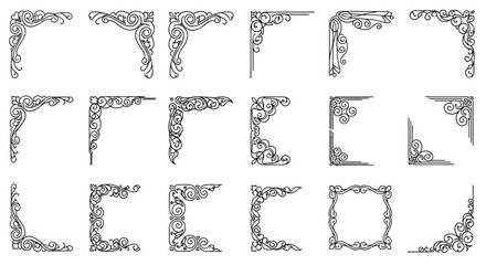 Collection of fifteen diverse decorative corner ornaments in a vintage filigree style, ideal for framing documents or invitation cards.