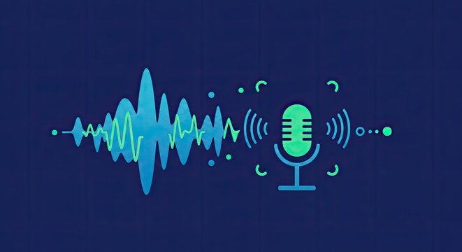Audio recording illustration microphone and sound wave on dark background