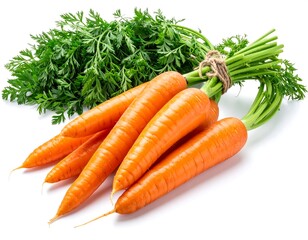 Close-up of fresh, orange carrots with green tops tied by twine