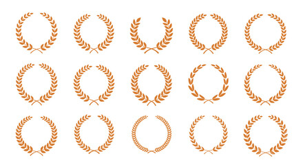 Collection of fifteen different laurel wreaths in various artistic styles and a bronze tone, representing achievement, victory, and honor.