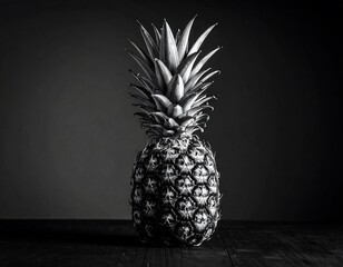 Black and white photograph of a pineapple standing on a wooden surface against a dark, neutral backdrop. The fruit is centered