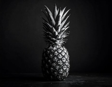 Black and white photograph of a pineapple standing against a dark backdrop. The texture on the fruit is highlighted - Powered by Adobe