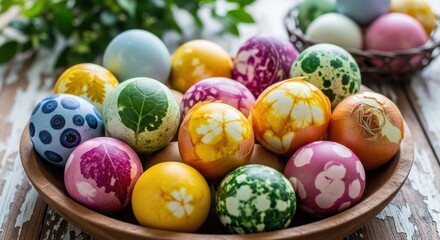 Vibrant collection of naturally dyed easter eggs in a rustic wooden bowl offering a creative and