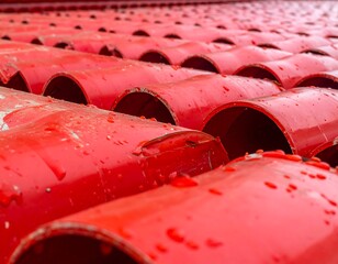 Close-up of glossy red, curved structures, possibly roof tiles