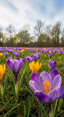 Vibrant crocus meadow: Spring blooms paint a picturesque landscape beneath a bright sky