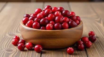 Vibrant cranberries nestled in a rustic wooden bowl, displayed on a textured wood surface evoking