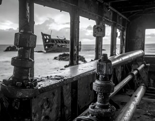 Black and white scene captures an interior view looking out at a shipwreck on the shore through a rusty structure