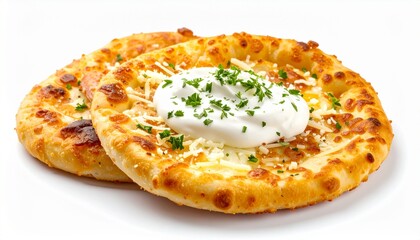 Golden fried dough langos topped with cheese and cream