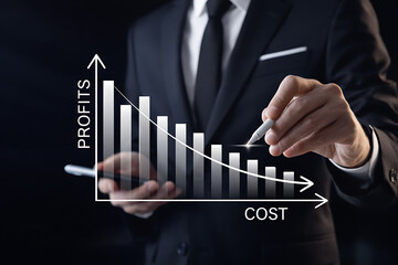Business professional drawing a decreasing cost curve on a digital profit bar chart to illustrate financial optimization and company growth strategies in office