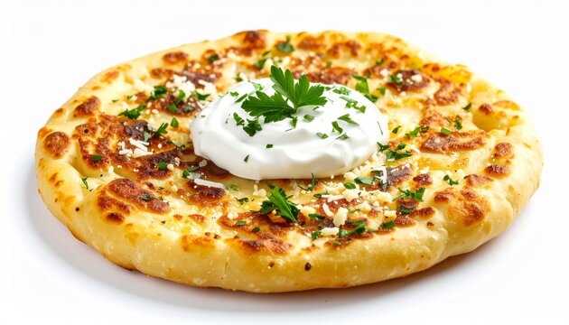 Fried langos flatbread with sour cream cheese and garlic sauce