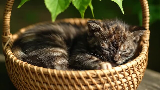 Sleeping tortoiseshell kitten curled up in a woven wicker basket under green leaves with a shallow depth of field.