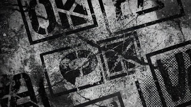 Abstract Grunge Texture with Geometric Shapes and Symbols.