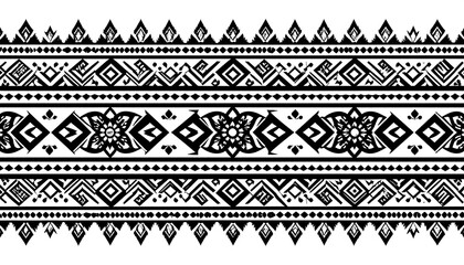 Black and white geometric tribal pattern, a border with repeating elements, including diamonds, zigzags, and floral motifs
