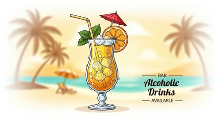 Tropical summer cocktail vector illustration against a beach backdrop invites relaxation