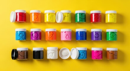 Vibrant assortment of multi-colored modeling clay in transparent jars against bright background