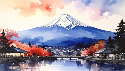 富士山の風景画（水彩イラスト）