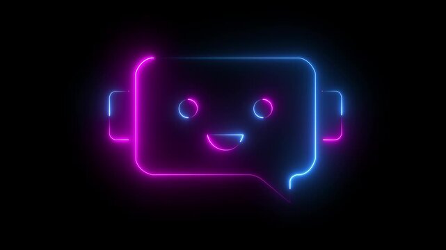 Glowing cyan Neon robot Silhouette with Speech Bubble on Black Background. neon Chatbot icon symbol concept. Voice support service bot. AI Agents and AI driven messaging systems Communication Concept.