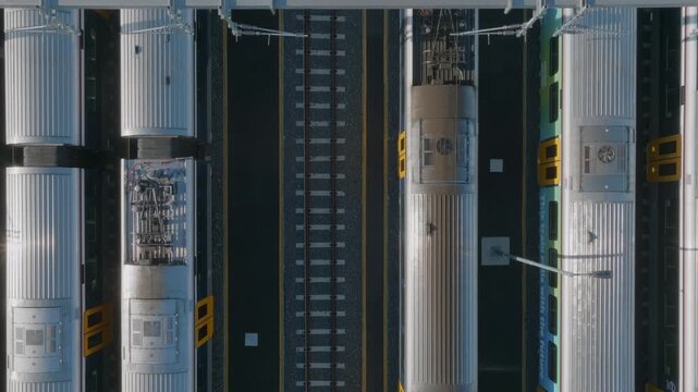 Aerial view of commuter trains parked at a station in Auckland, New Zealand. The trains are silver and blue, and the tracks are black. The scene shows the tops of the trains and the tracks below.