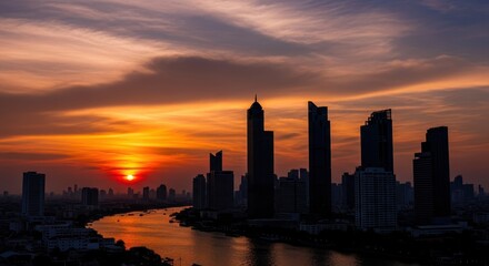 Urban panorama silhouetted against a fiery sunset casting a warm glow on the water