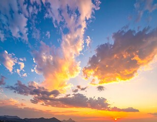 Beautiful sunset illuminates fluffy clouds in vibrant blue sky